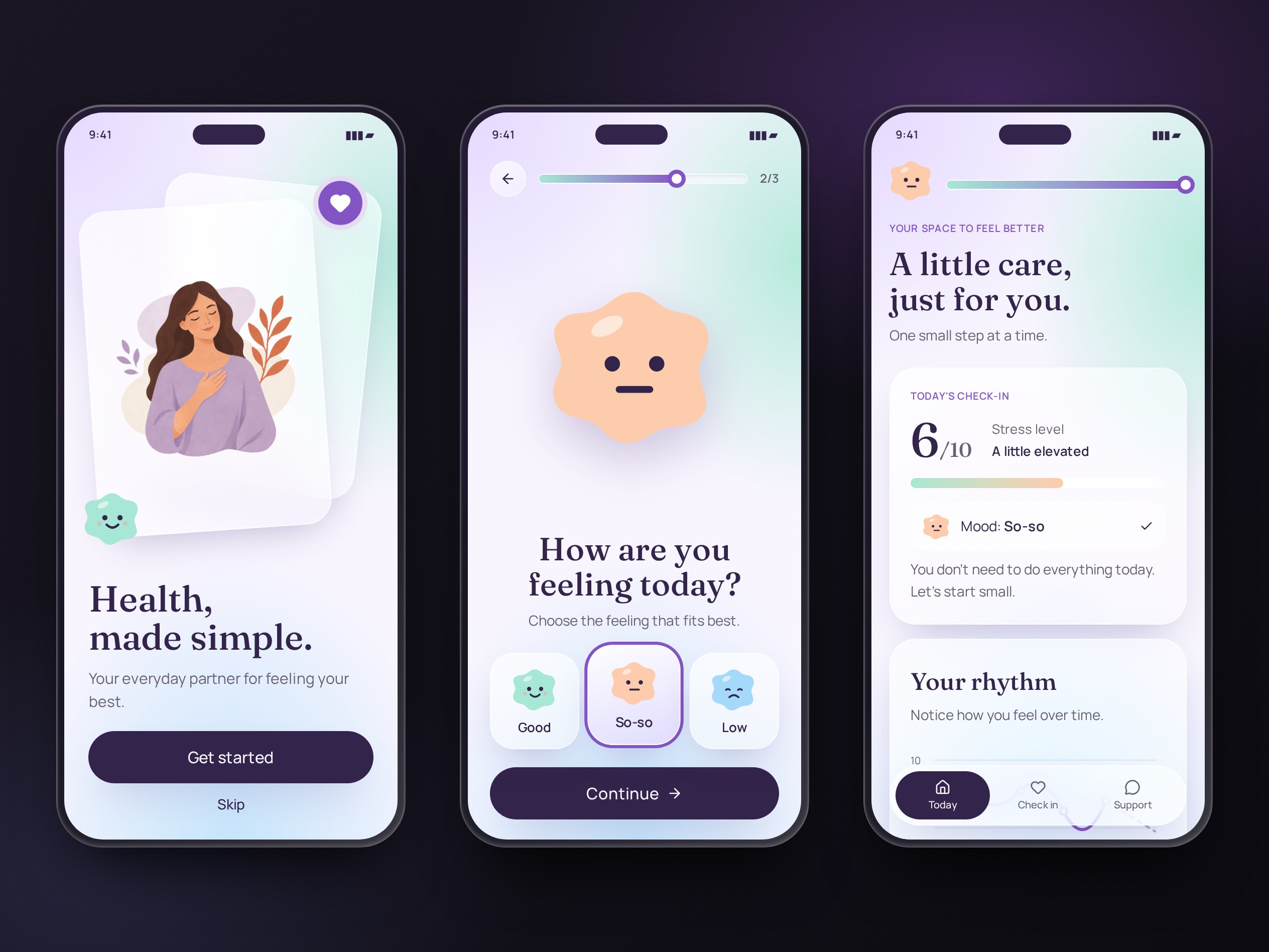 Pfizer wellbeing app concept in glass phone frames: welcome screen, mood check-in and stress tracking dashboard